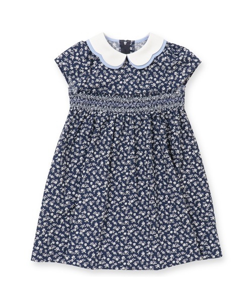 スカラップ襟フラワープリントスモッキングワンピース