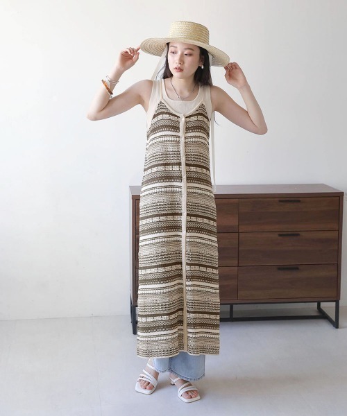 Bab（バブ）の「ミックスジャガードキャミワンピース（ワンピース・レディース・ブラック/ベージュ/アイボリー・M）」の2枚目の写真