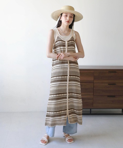 Bab（バブ）の「ミックスジャガードキャミワンピース（ワンピース・レディース・ブラック/ベージュ/アイボリー・M）」の4枚目の写真