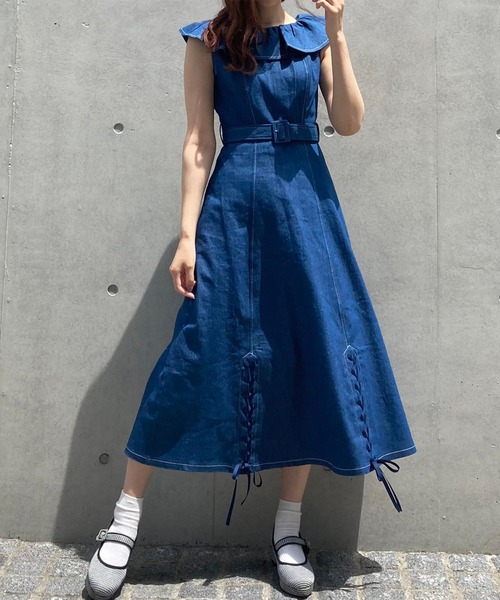 TITTY&CO.(ティティーアンドコー)の「【TITTY&CO.】ヘムスピンドルミディワンピース(ワンピース・レディース・インディゴブルー/マルチ・SMALL/MEDIUM)」の18枚目の写真