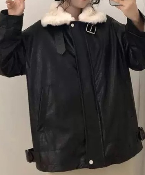 Auntie Rosa（アンティローザ）の「PUレザー ビッグシルエット フェイクファーブルゾン（ブルゾン・レディース・ブラック・MEDIUM）」の2枚目の写真