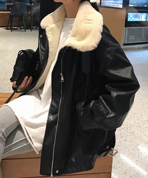 Auntie Rosa（アンティローザ）の「PUレザー ビッグシルエット フェイクファーブルゾン（ブルゾン・レディース・ブラック・MEDIUM）」の3枚目の写真