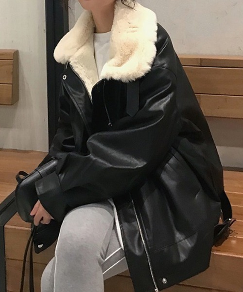 Auntie Rosa（アンティローザ）の「PUレザー ビッグシルエット フェイクファーブルゾン（ブルゾン・レディース・ブラック・MEDIUM）」の4枚目の写真