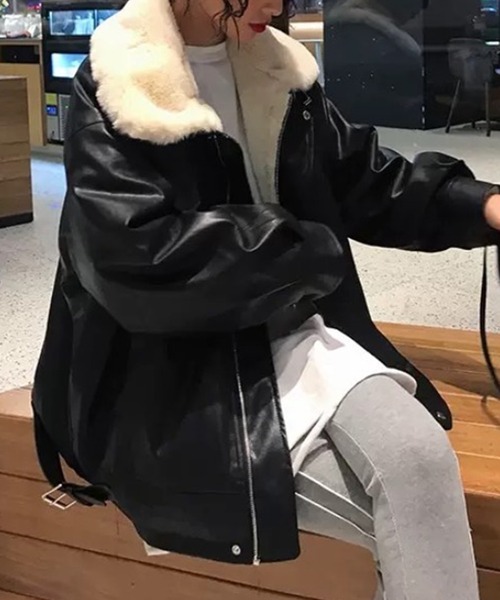 Auntie Rosa（アンティローザ）の「PUレザー ビッグシルエット フェイクファーブルゾン（ブルゾン・レディース・ブラック・MEDIUM）」の5枚目の写真