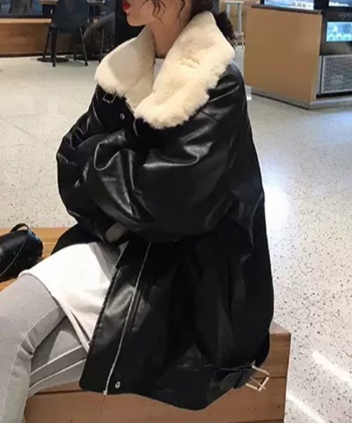 Auntie Rosa（アンティローザ）の「PUレザー ビッグシルエット フェイクファーブルゾン（ブルゾン・レディース・ブラック・MEDIUM）」の6枚目の写真