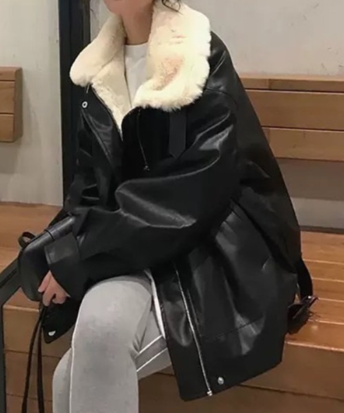 Auntie Rosa（アンティローザ）の「PUレザー ビッグシルエット フェイクファーブルゾン（ブルゾン・レディース・ブラック・MEDIUM）」の7枚目の写真