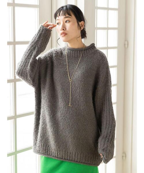 CRAFT STANDARD BOUTIQUE（クラフトスタンダードブティック）の「バスケット編スタンドネックチュニック　◆（ニット/セーター・レディース・チャコールグレー/ダークグリーン/ブラック/グレイッシュベージュ・FREE）」の5枚目の写真