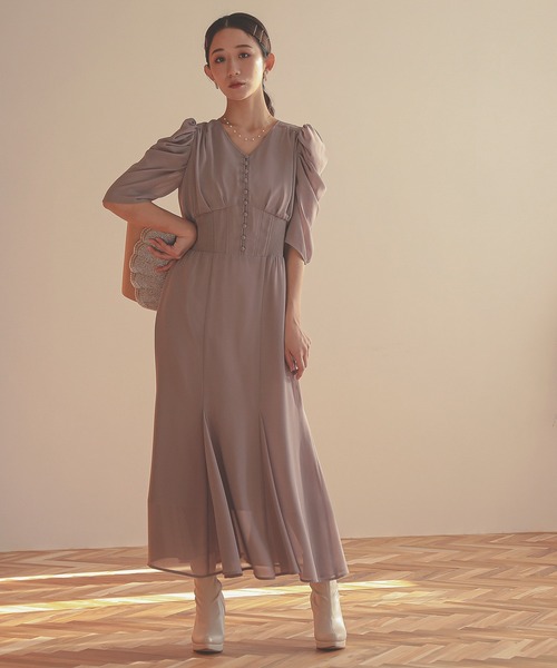 kana コーデュロイ チョーカー風 ボリューム袖 シアー M ワンピ 結婚式