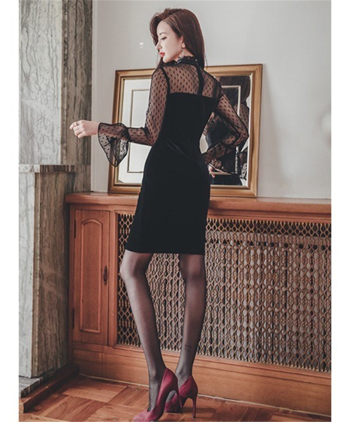 おしゃれスタ(オシャレスタ)の「上品シックフリル袖レースドレス(ドレス・レディース・ブラック・S/M/L/XL)」の7枚目の写真