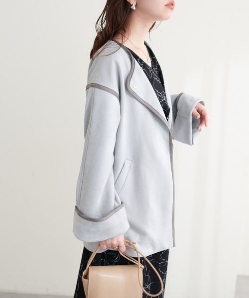 natural couture(ナチュラルクチュール)の「お上品ミドル丈トッパーコート(ノーカラーコート・レディース・サックスブルー/ライトベージュ/グレイッシュベージュ/ミント・FREE)」の4枚目の写真