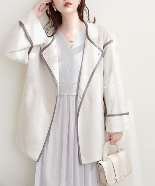 natural couture(ナチュラルクチュール)の「お上品ミドル丈トッパーコート(ノーカラーコート・レディース・サックスブルー/ライトベージュ/グレイッシュベージュ/ミント・FREE)」の2枚目の写真