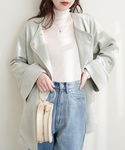 natural couture(ナチュラルクチュール)の「お上品ミドル丈トッパーコート(ノーカラーコート・レディース・サックスブルー/ライトベージュ/グレイッシュベージュ/ミント・FREE)」の3枚目の写真