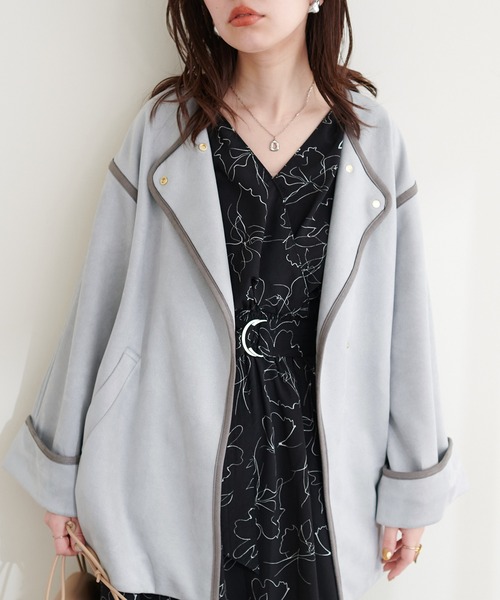 natural couture(ナチュラルクチュール)の「お上品ミドル丈トッパーコート(ノーカラーコート・レディース・サックスブルー/ライトベージュ/グレイッシュベージュ/ミント・FREE)」の7枚目の写真