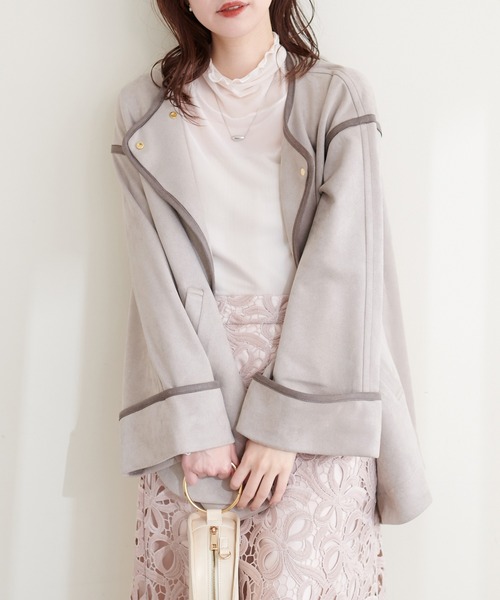 natural couture(ナチュラルクチュール)の「お上品ミドル丈トッパーコート(ノーカラーコート・レディース・サックスブルー/ライトベージュ/グレイッシュベージュ/ミント・FREE)」の15枚目の写真