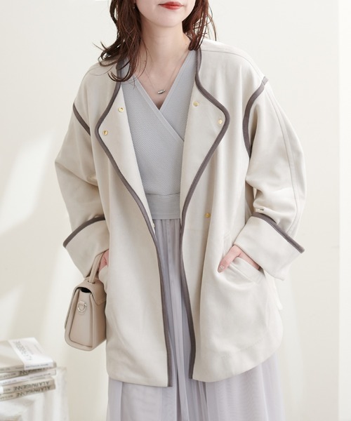 natural couture(ナチュラルクチュール)の「お上品ミドル丈トッパーコート(ノーカラーコート・レディース・サックスブルー/ライトベージュ/グレイッシュベージュ/ミント・FREE)」の10枚目の写真