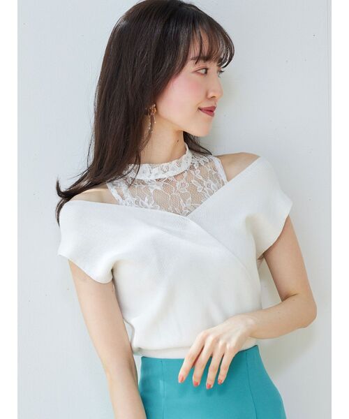 MERCURYDUO（マーキュリーデュオ）の「レースドッキングカシュクールコンパクトニット（ニット/セーター・レディース・パープル/ベビーピンク/オフホワイト/ブラック・FREE）」の2枚目の写真