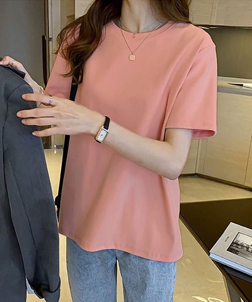 NinaetLina（ニナエリナ）の「クルーネック無地半袖Tシャツ（Tシャツ/カットソー・レディース・チャコールグレー/ピンク/ブラック/ホワイト・L/XL/M）」の4枚目の写真
