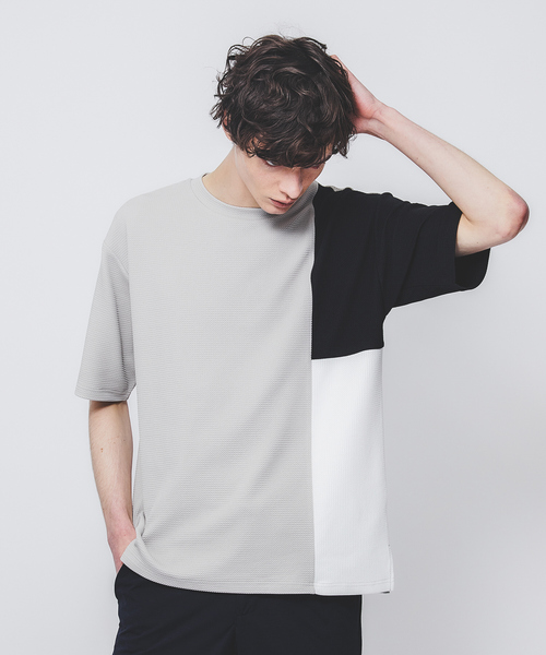 ABAHOUSE GRAY(アバハウスグレイ)の「【パネル切替】フクレ ジャガード 半袖 Tシャツ(Tシャツ/カットソー・メンズ・グレイッシュベージュ/ホワイト/ネイビー・46/48)」の2枚目の写真