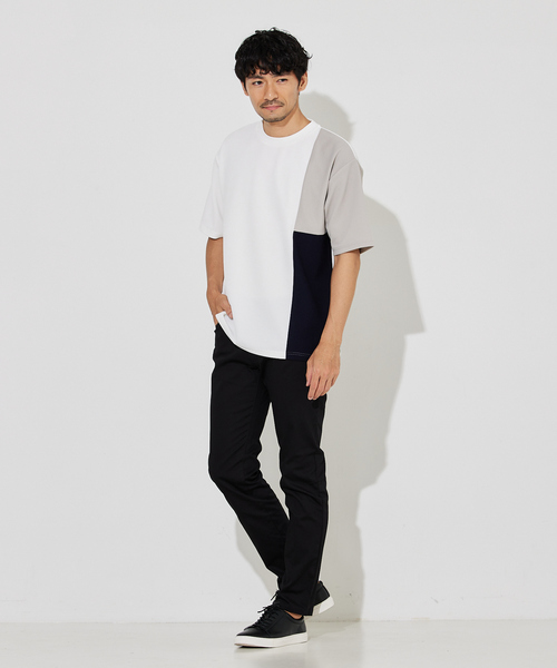 ABAHOUSE GRAY(アバハウスグレイ)の「【パネル切替】フクレ ジャガード 半袖 Tシャツ(Tシャツ/カットソー・メンズ・グレイッシュベージュ/ホワイト/ネイビー・46/48)」の4枚目の写真
