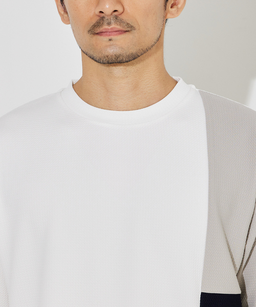 ABAHOUSE GRAY(アバハウスグレイ)の「【パネル切替】フクレ ジャガード 半袖 Tシャツ(Tシャツ/カットソー・メンズ・グレイッシュベージュ/ホワイト/ネイビー・46/48)」の8枚目の写真