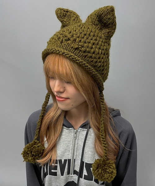 SPINNS（スピンズ）の「ポンポン付き 猫耳ニットキャップ/ポンポン