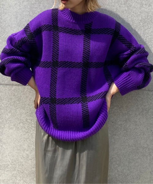NOMINE(ノミネ)の「ビックチェックニット(ニット/セーター・レディース・グリーン/パープル/ブラック・フリー)」の3枚目の写真
