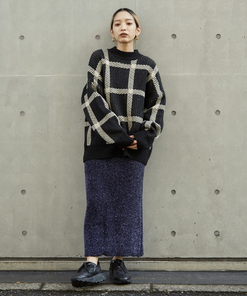 NOMINE(ノミネ)の「ビックチェックニット(ニット/セーター・レディース・グリーン/パープル/ブラック・フリー)」の4枚目の写真