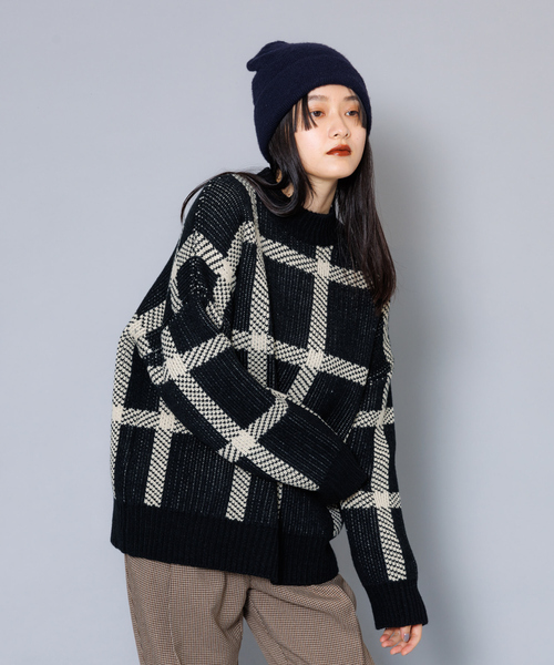 NOMINE(ノミネ)の「ビックチェックニット(ニット/セーター・レディース・グリーン/パープル/ブラック・フリー)」の5枚目の写真
