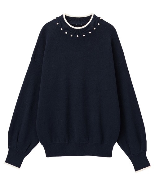 alotta(アロッタ)の「衿元パール調配色ミラノリブニット(ニット/セーター・レディース・ホワイト/ブルー/グレイッシュベージュ/ネイビー/ホワイト×ブラック/ピンク・L/M/3L/LL)」の8枚目の写真