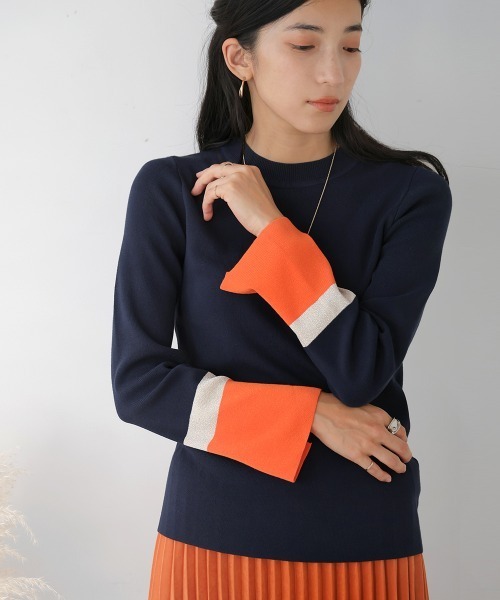 Bou Jeloud(ブージュルード)の「総針袖口配色ニットトップス(ニット/セーター・レディース・ネイビー/ベージュ/グレー・FREE)」の3枚目の写真