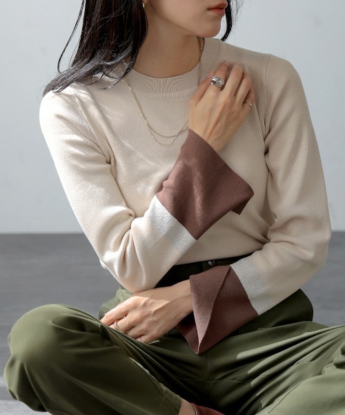 Bou Jeloud(ブージュルード)の「総針袖口配色ニットトップス(ニット/セーター・レディース・ネイビー/ベージュ/グレー・FREE)」の13枚目の写真