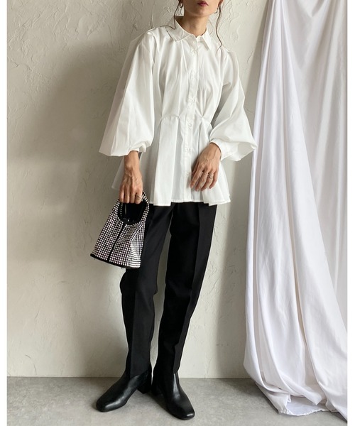 SHEIN プラス 千鳥格子 パフスリーブ ペプラム Tシャツ