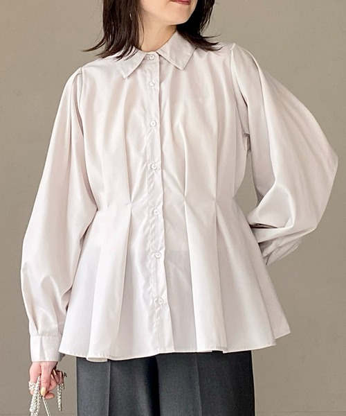 セール】ウエストタック長袖パフスリーブフレアペプラムブラウス