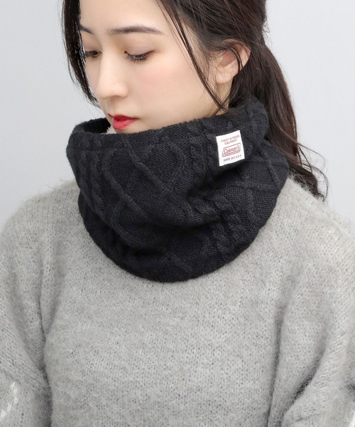 HYKE ネックウォーマー ケーブルニット フリンジ ウール スヌード ブラック ケーブル編みニット 裏ボア ネックウォーマー（ネックウォーマー