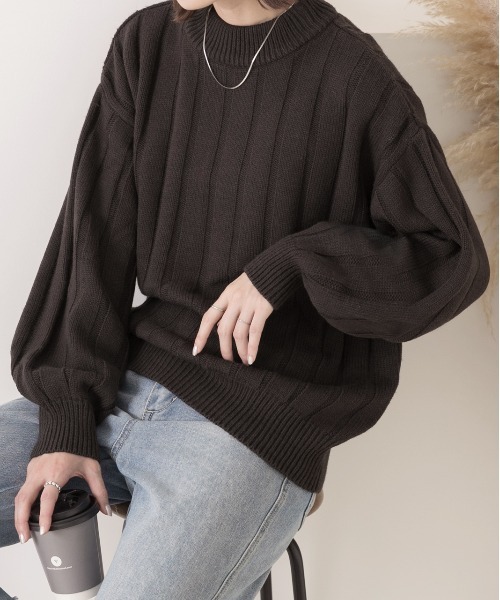 ad thie(アドティエ)の「ワイドリブ 太リブ ハイネックニット(ニット/セーター・レディース・ダークブラウン/オフホワイト/グリーン/ボルドー/ピンク/ラベンダー/サックスブルー/チャコール/オリーブ/ベージュ・FREE)」の2枚目の写真