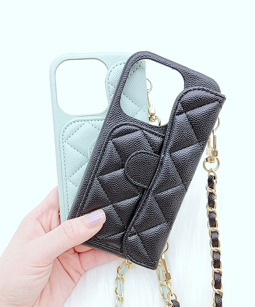 【ヴェルサーチ】キルティング iPhone12/12Proケース チェーン付 レースレディース Lace Ladies ゴールドチェーン付き2WAY