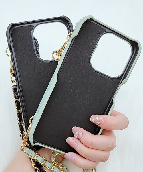 セール】ゴールドチェーン付き2WAYキルティングiPhoneケース