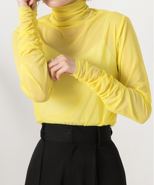 ad thie（アドティエ）の「ギャザーデザイン ハイネックシアートップス（Tシャツ/カットソー・レディース・ライトグリーン/ホワイト/ピンク/イエロー/ブラック/ライトブルー・FREE）」の6枚目の写真