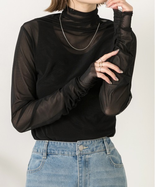 ad thie（アドティエ）の「ギャザーデザイン ハイネックシアートップス（Tシャツ/カットソー・レディース・ライトグリーン/ホワイト/ピンク/イエロー/ブラック/ライトブルー・FREE）」の3枚目の写真