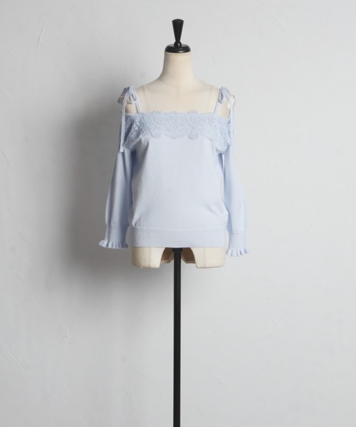 tocco closet(トッコ クローゼット)の「肩りぼん付きレース装飾オフショルニットプルオーバー(ニット/セーター・レディース・オフホワイト/ネイビー/サックスブルー・M)」の18枚目の写真