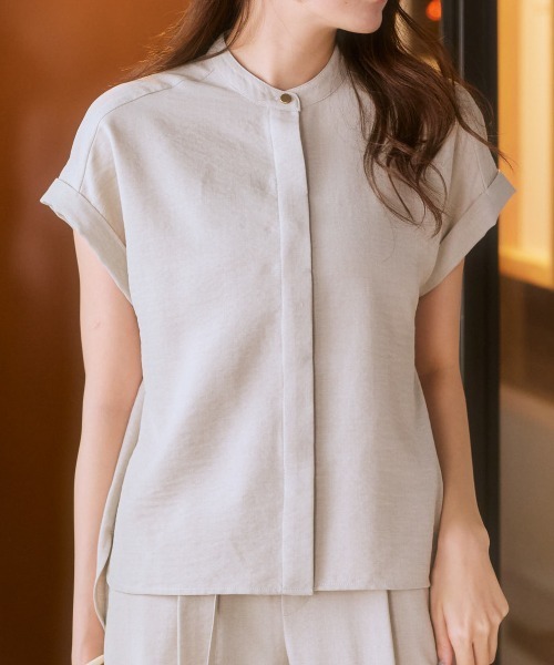 7days Life Styling（セブンデイズライフスタイリング）の「麻調合繊バンドカラー半袖ブラウス（しわになりにくい・接触冷感・ＵＶカット・洗える）（シャツ/ブラウス・レディース・モカ/ネイビー/ライトベージュ/グリーン・S/M/L/LL）」の3枚目の写真