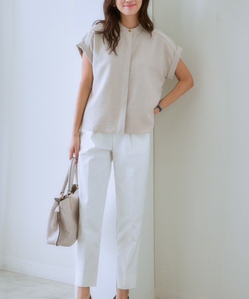 7days Life Styling（セブンデイズライフスタイリング）の「麻調合繊バンドカラー半袖ブラウス（しわになりにくい・接触冷感・ＵＶカット・洗える）（シャツ/ブラウス・レディース・モカ/ネイビー/ライトベージュ/グリーン・S/M/L/LL）」の18枚目の写真