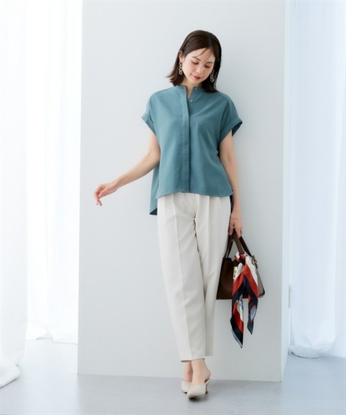 麻調合繊バンドカラー半袖ブラウス（しわになりにくい・接触冷感
