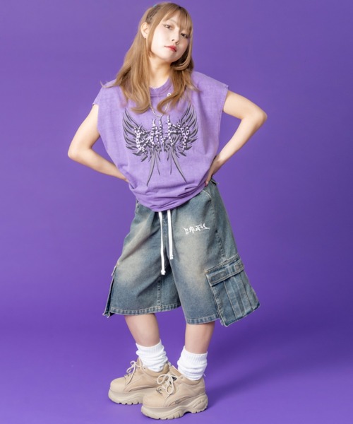 GALFY（ガルフィー）の「ストリートファッション GALFY ガルフィー ダーティーカーゴショーツ カーゴパンツ ハーフパンツ デニムハーフパンツ デニムパンツ ワイドデニム 半パン 半ズボン オーバーサイズ ストリートブランド（デニムパンツ・メンズ・ブルー/ブラック/ブラウン・L）」の14枚目の写真