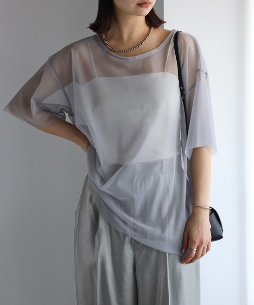 r.（アールドット）の「チュール　レイヤード　Tシャツ（Tシャツ/カットソー・レディース・アイボリー/ブラック/チャコールグレー/グレー・FREE）」の4枚目の写真