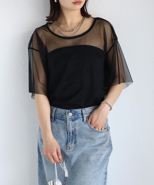 r.（アールドット）の「チュール　レイヤード　Tシャツ（Tシャツ/カットソー・レディース・アイボリー/ブラック/チャコールグレー/グレー・FREE）」の2枚目の写真