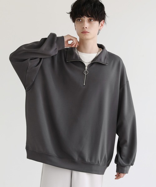 LILL(リル)の「ビッグシルエットリングハーフジップポンチプルオーバー(スウェット・メンズ・ホワイト/ブラック/ダークグレー・S/L/XL)」の3枚目の写真