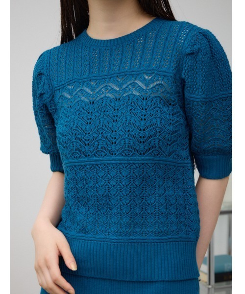 AZUL by moussy(アズールバイマウジー)の「レース半袖ニットトップス(ニット/セーター・レディース・ダークブルー/オフホワイト/ブラック・FREE)」の1枚目の写真