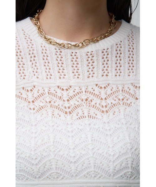 AZUL by moussy(アズールバイマウジー)の「レース半袖ニットトップス(ニット/セーター・レディース・ダークブルー/オフホワイト/ブラック・FREE)」の6枚目の写真