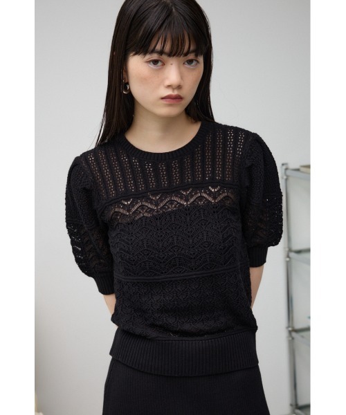 AZUL by moussy(アズールバイマウジー)の「レース半袖ニットトップス(ニット/セーター・レディース・ダークブルー/オフホワイト/ブラック・FREE)」の11枚目の写真